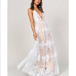 White on nude maxi dress